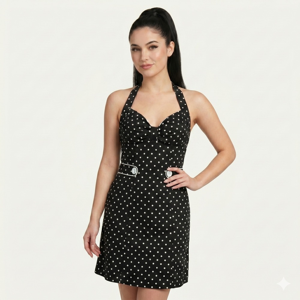 XOXO Black White Polka Dot Halter Pinup Dress‎ Size 3 Sweetheart Bust Retro-Chic